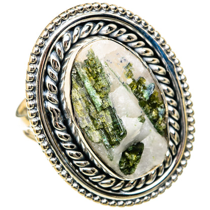 Oval green tourmaline in quartz ring in 925 sterling silver with braided bezel.