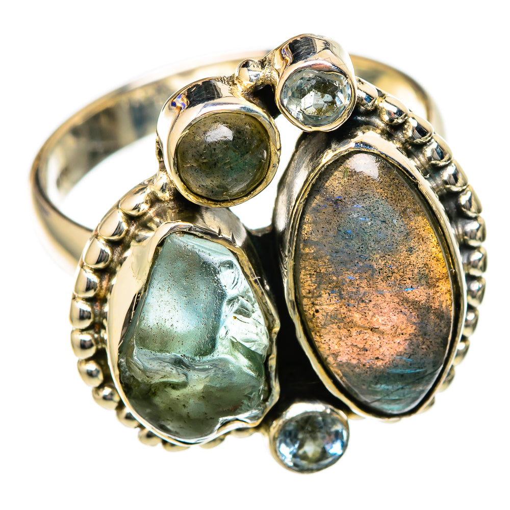 Sterling silver ring with three oval gemstones—labradorite, aquamarine, blue topaz—size 7.5