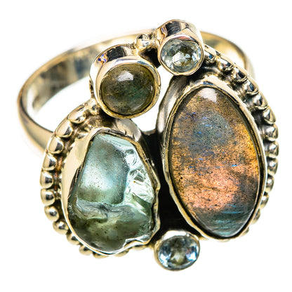 Sterling silver ring with three oval gemstones—labradorite, aquamarine, blue topaz—size 7.5