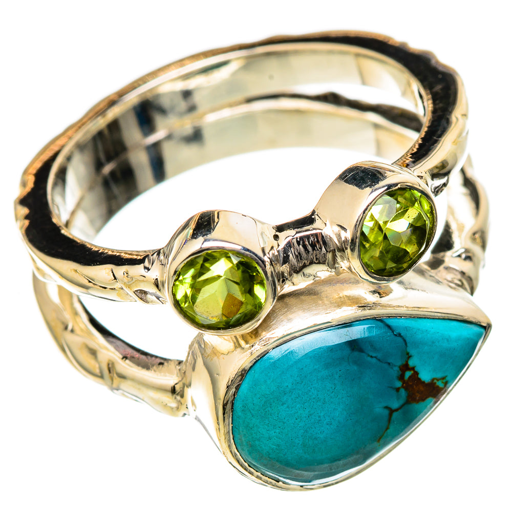 Turquoise cabochon ring in 925 sterling silver with three-stone peridot detail, size 6.25
