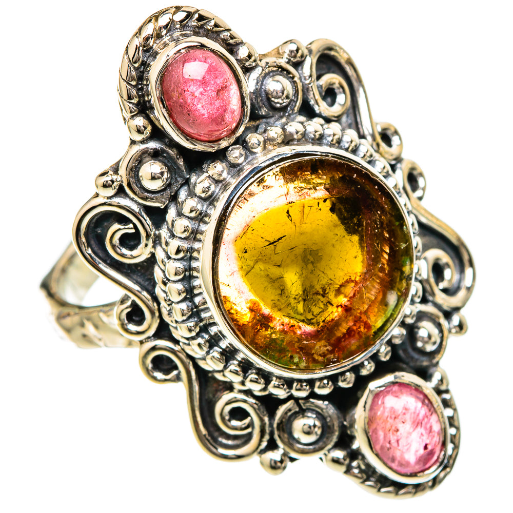 Sterling silver ornate ring with yellow-amber tourmaline center and pink oval side stones