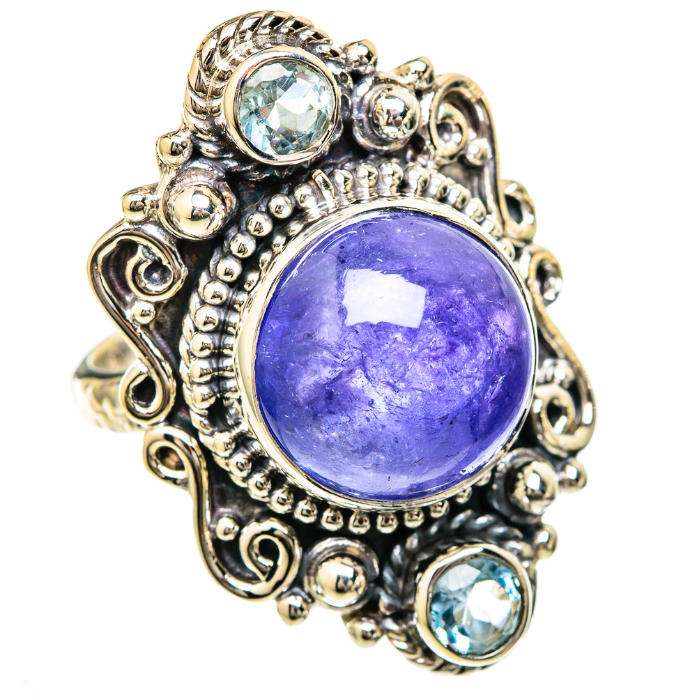 Sterling silver ring with large oval purple gemstone, blue accents, ornate filigree
