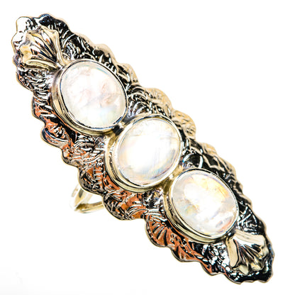 925 sterling silver ring with three oval rainbow moonstone cabochons