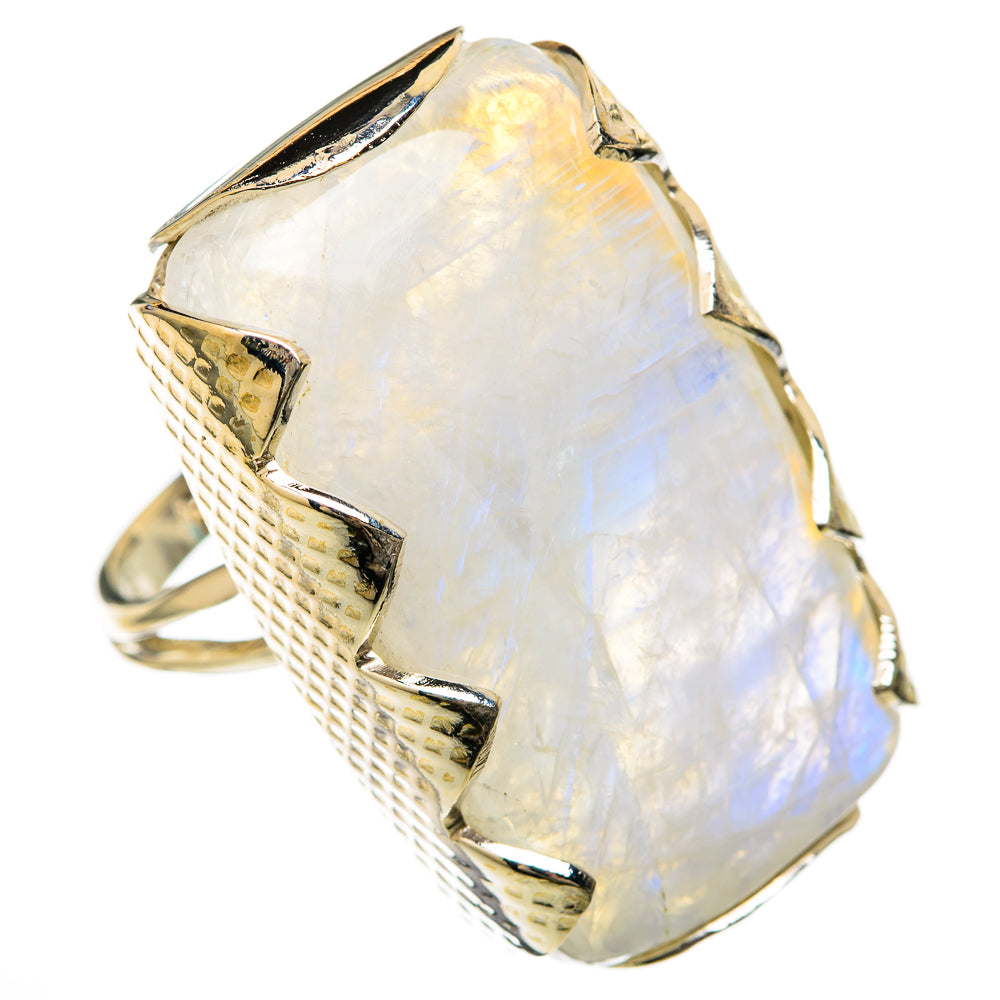 Sterling silver ring with large iridescent moonstone and open bezel setting