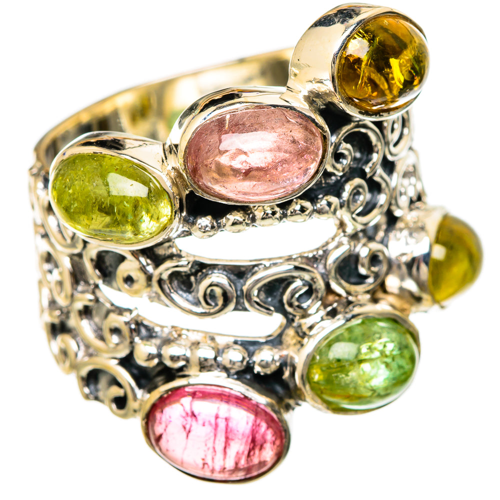 Sterling silver oval gemstone ring with pink, green, and yellow stones in filigree