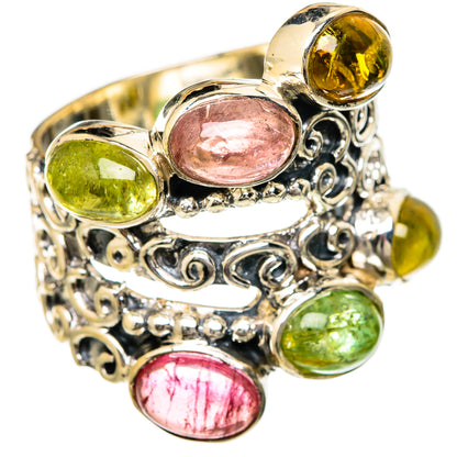 Sterling silver oval gemstone ring with pink, green, and yellow stones in filigree