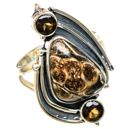 Side view: 925 silver ring with Turritella agate teardrop, smoky quartz accents, size 8.25