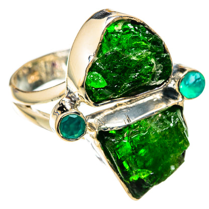 Sterling silver ring with rough green onyx and two teal gemstone accents, size 7.75