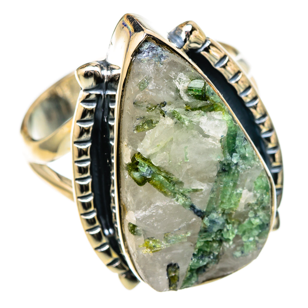 925 sterling silver ring, green tourmaline in quartz teardrop bezel, textured band