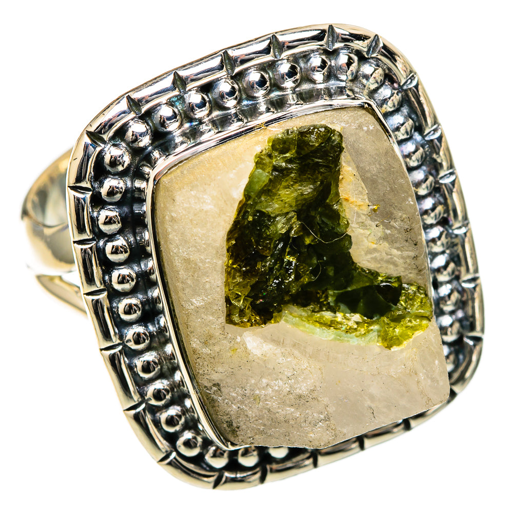 Sterling silver oval ring with faceted green tourmaline in quartz and textured band