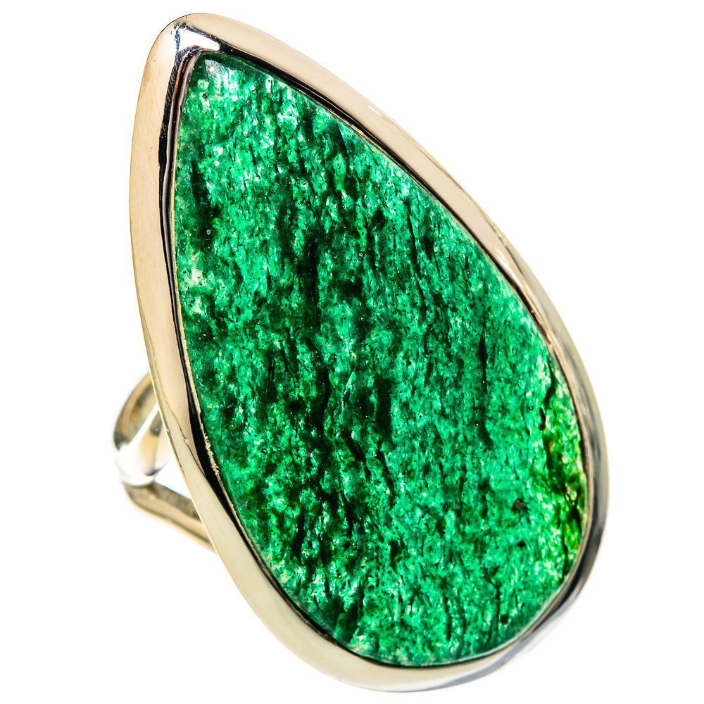 Large green aventurine teardrop ring with vivid textured gemstone on silver band