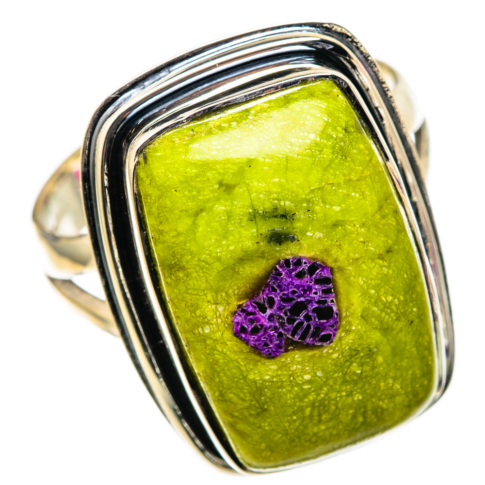 925 sterling silver atlantisite ring, large green stone with purple inset detail
