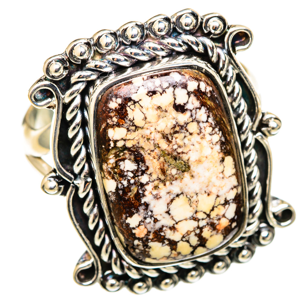Sterling silver ring with oval Wild Horse jasper cabochon and ornate beaded bezel