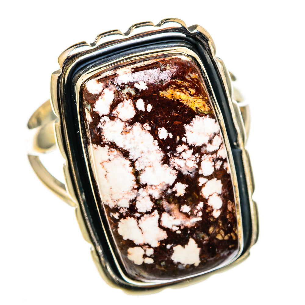 Sterling silver jasper ring, dark brown rectangular stone with white speckled veining