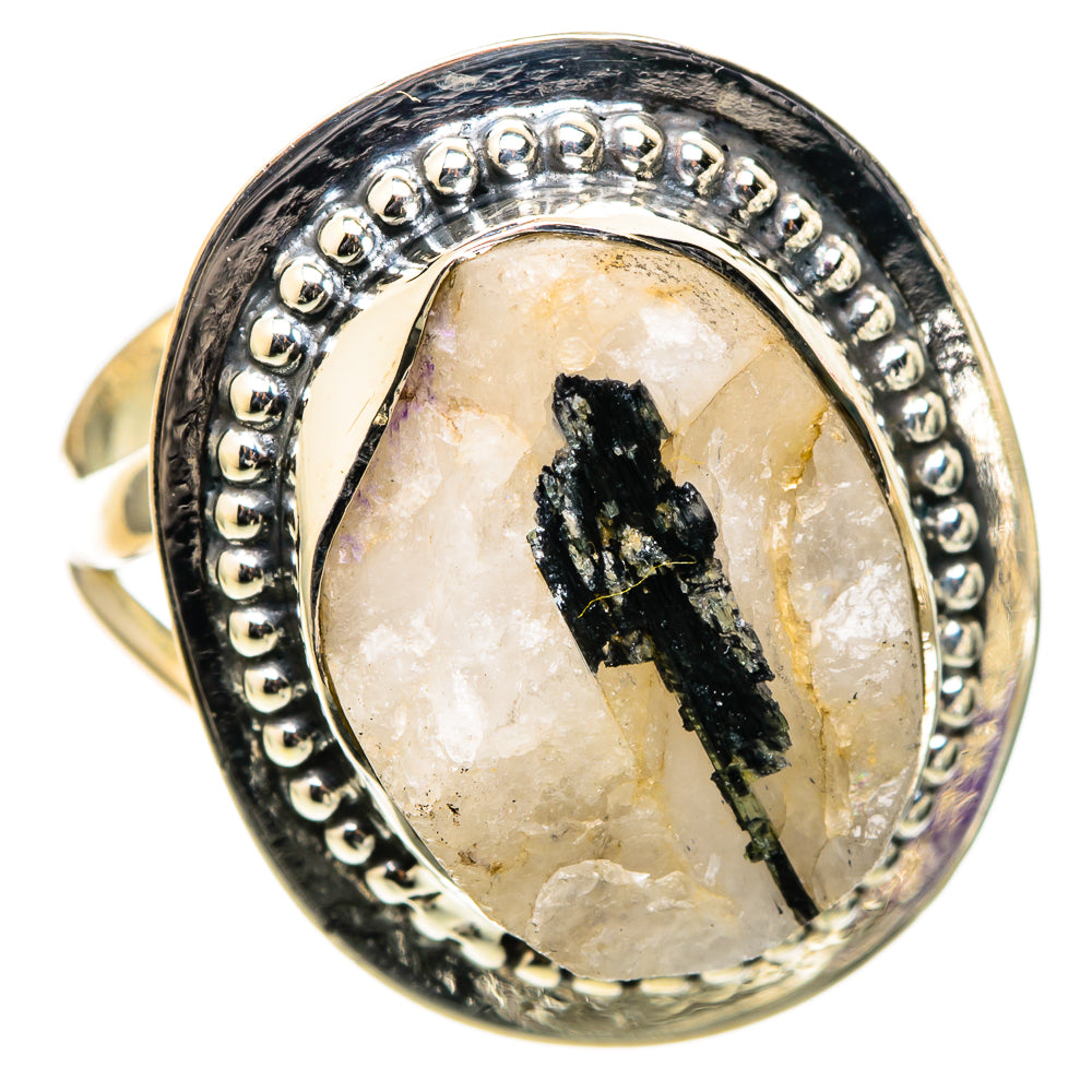 Sterling silver quartz tourmaline ring with oval stone and raised beaded border