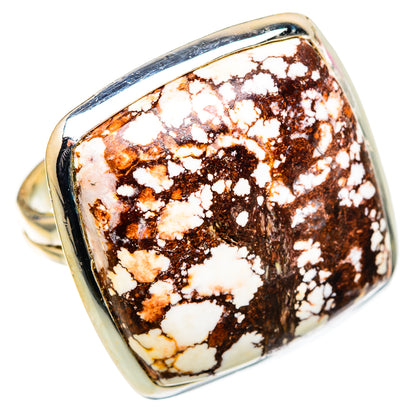 Sterling silver ring with dark brown and white wild horse jasper gemstone cabochon