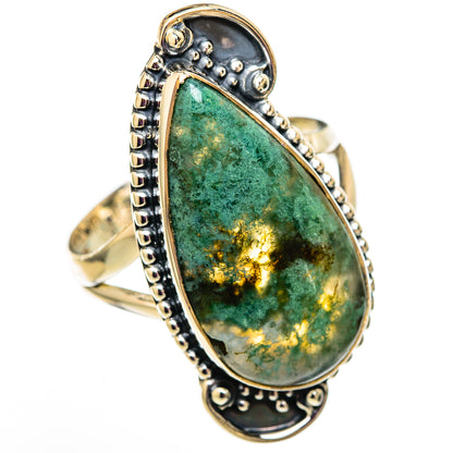 925 sterling silver ring with large green moss agate teardrop center stone