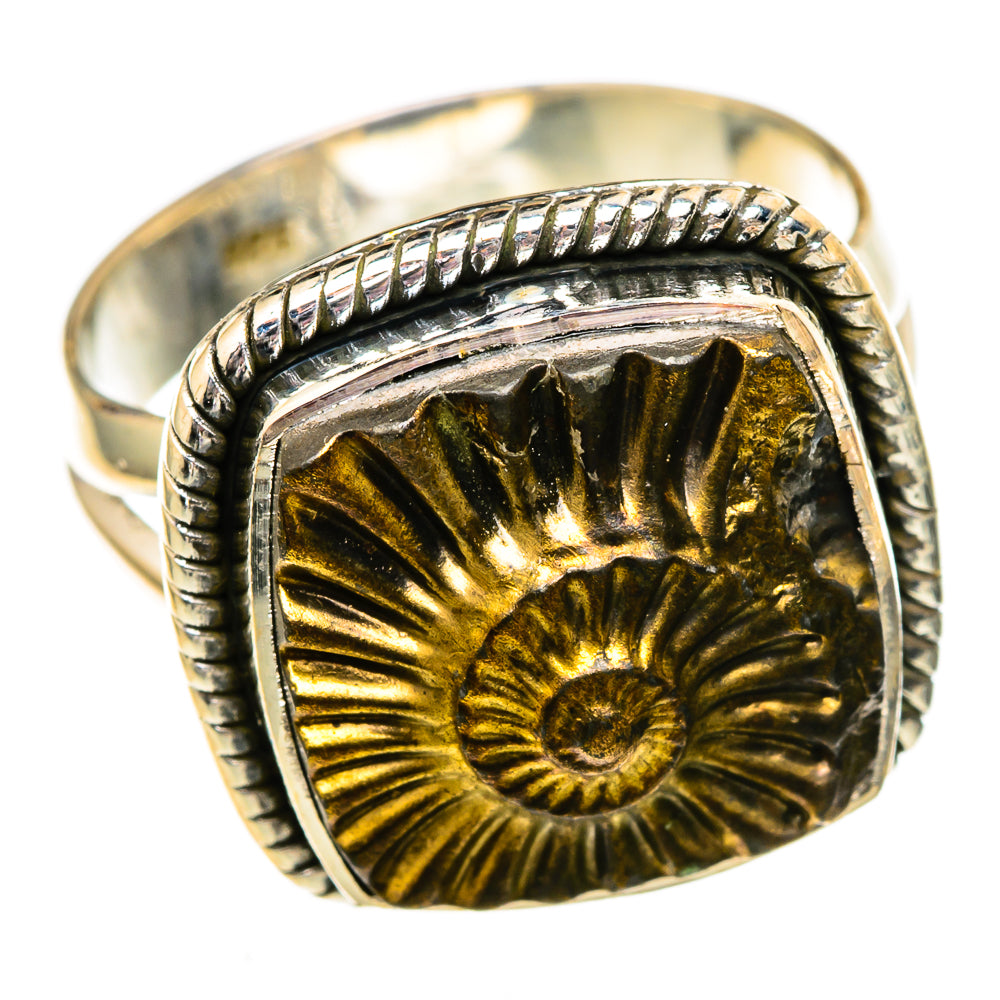 Sterling silver ring with gold-toned pyrite fossil cabochon, bezel set