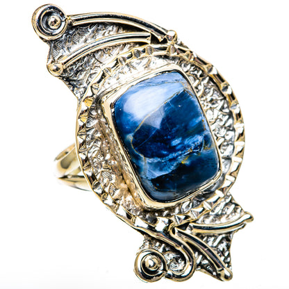 925 sterling silver pietersite ring with blue cabochon and diamond-like accents