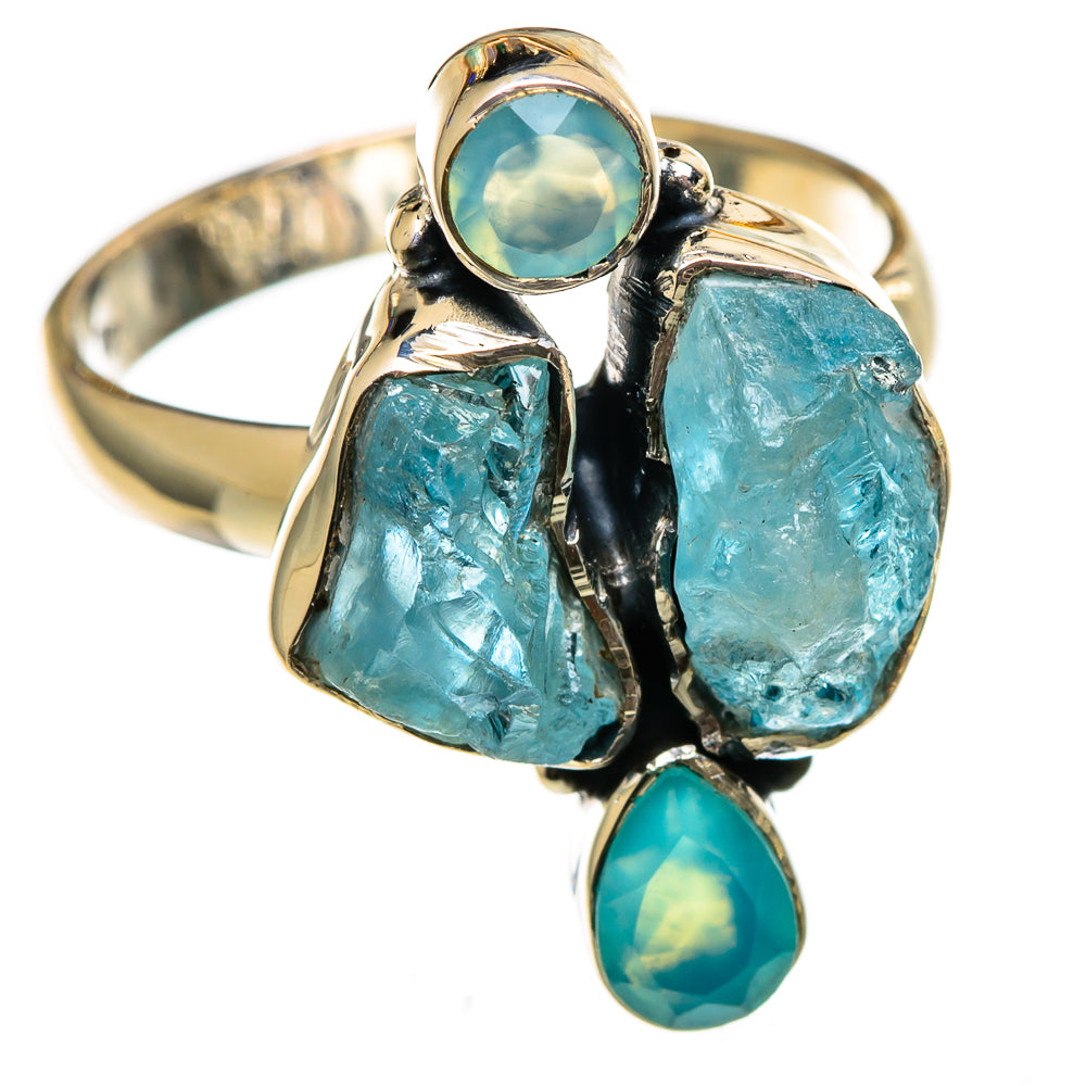 Sterling silver ring with rough aqua chalcedony clusters and round aqua stones