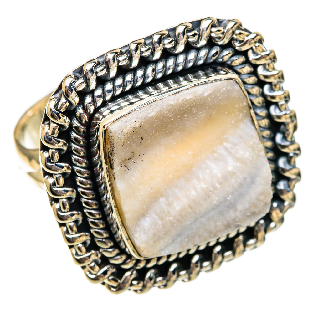 Sterling silver druzy ring with square opalescent cabochon and bead-textured bezel
