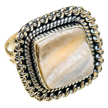 Sterling silver druzy ring with square opalescent cabochon and bead-textured bezel