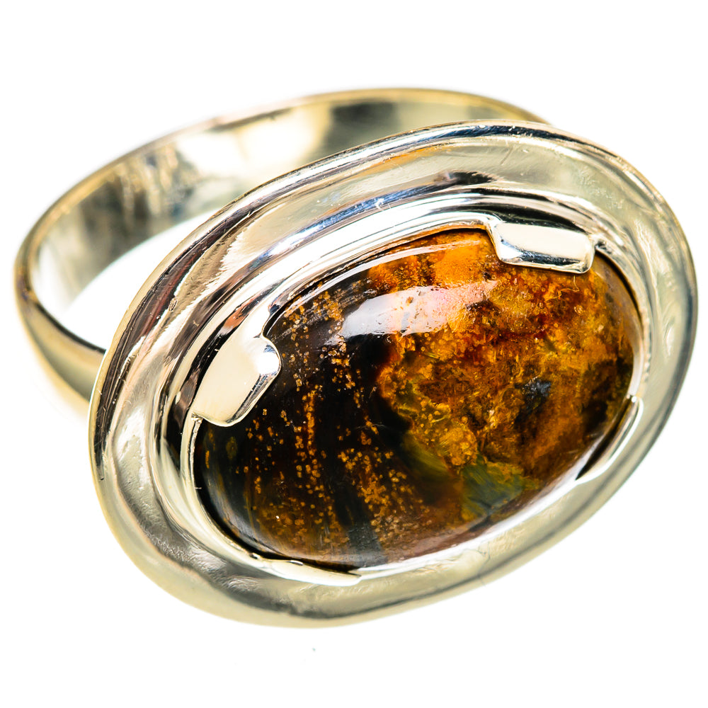 Sterling silver oval pietersite cabochon ring with amber-brown stone, size 8.25