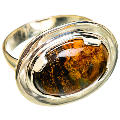 Sterling silver oval pietersite cabochon ring with amber-brown stone, size 8.25
