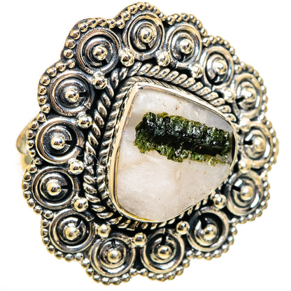 Sterling silver ring with green tourmaline in quartz center and beaded filigree band