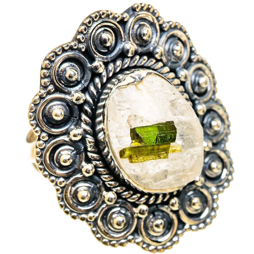 Sterling silver statement ring with oval quartz bezel and green tourmaline centerpiece