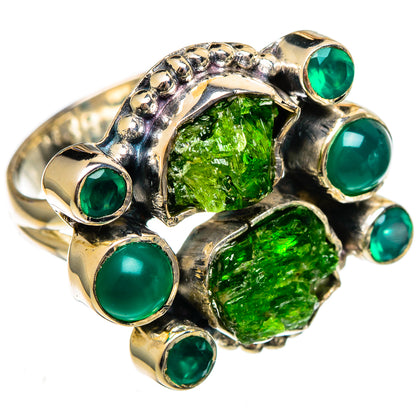 Sterling silver ring with rough green stones and multiple round green bezel-set accents