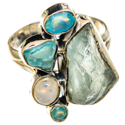 Sterling silver gemstone ring with rough aquamarine slab and three teal oval stones