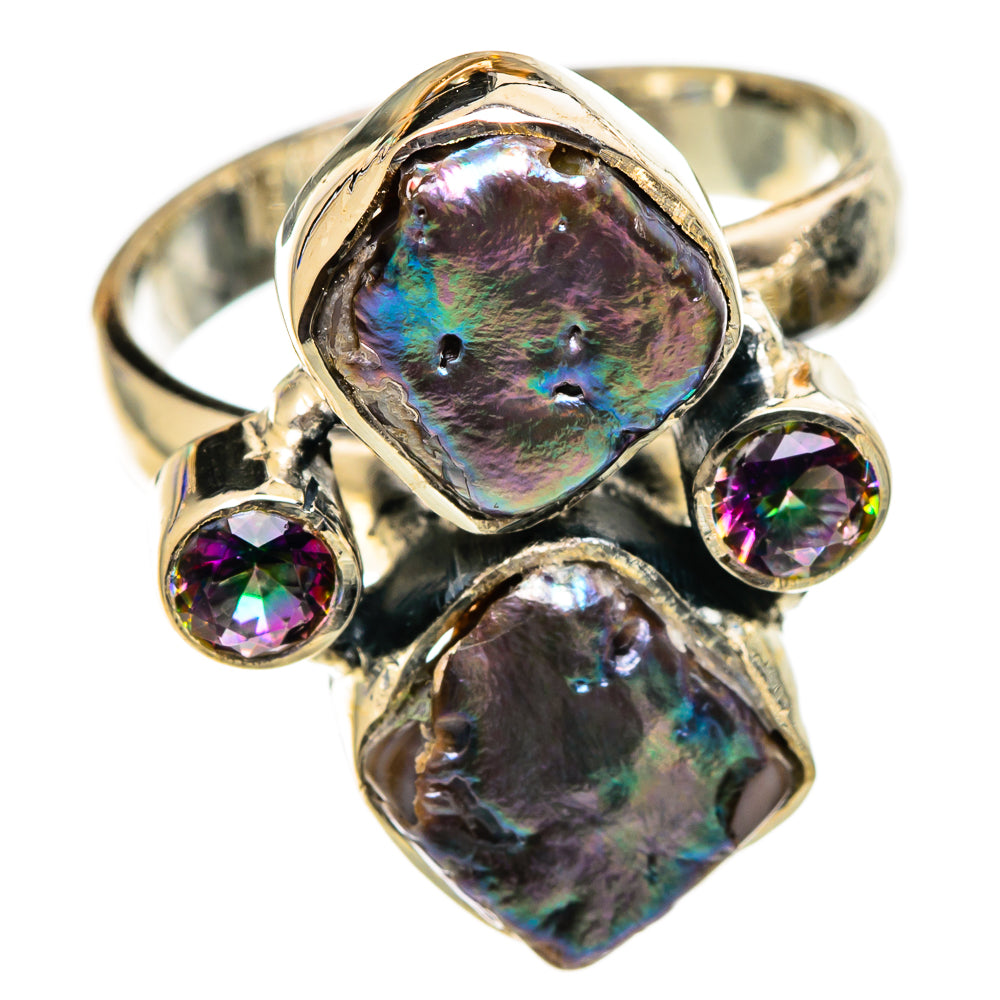 Iridescent mother-of-pearl ring with oval center and two round mystic topaz stones, silver