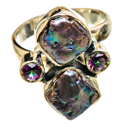 Iridescent mother-of-pearl ring with oval center and two round mystic topaz stones, silver