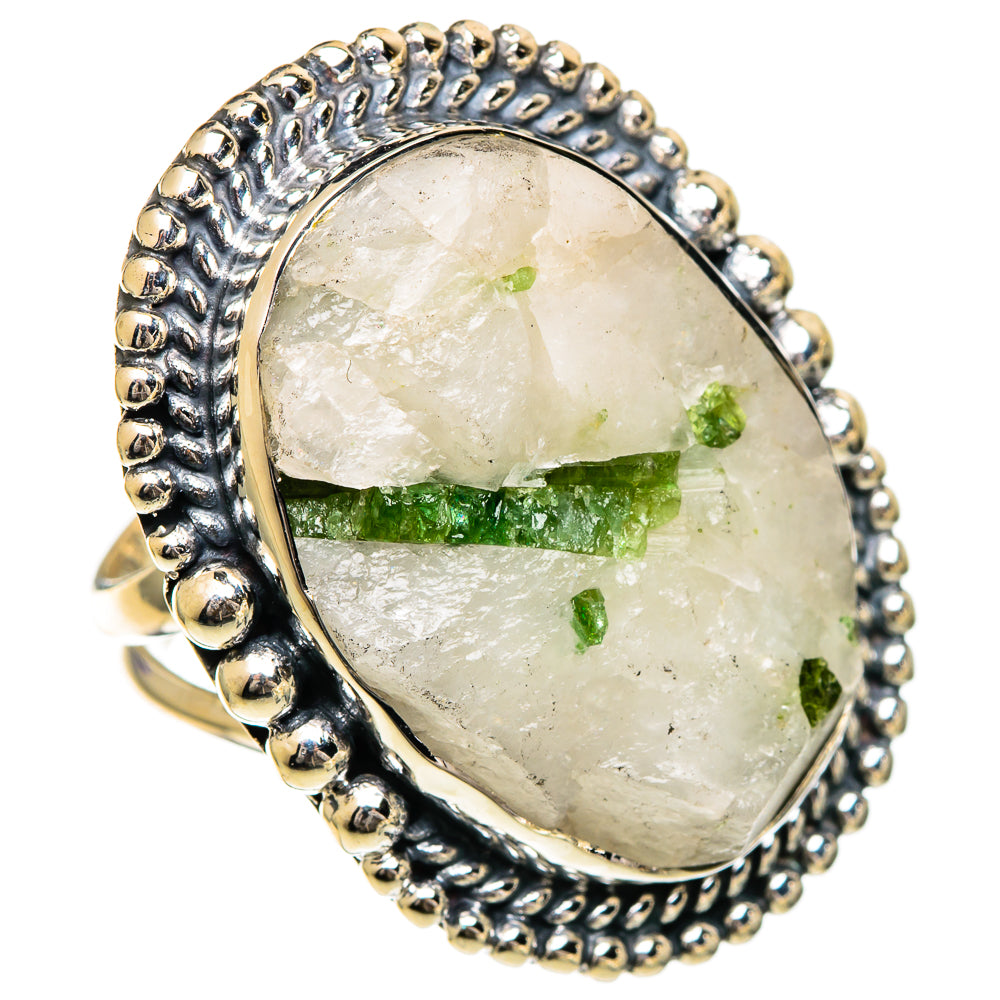 Oval quartz ring with green tourmaline in bezel-set sterling silver