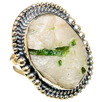 Oval quartz ring with green tourmaline in bezel-set sterling silver