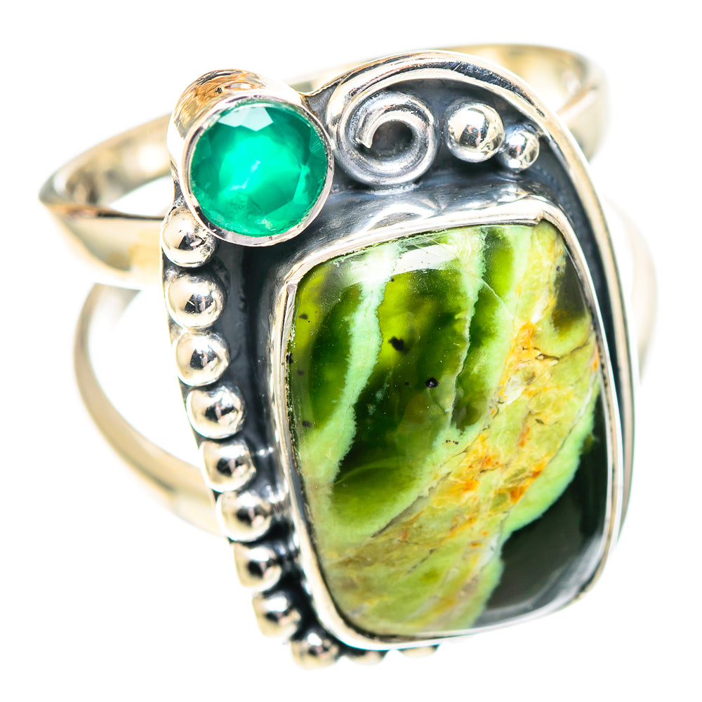 925 silver ring featuring oval green stone panel, green round gem, textured bezel and beads