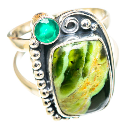 925 silver ring featuring oval green stone panel, green round gem, textured bezel and beads