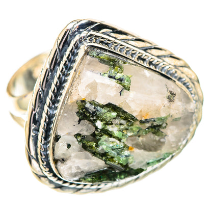 Sterling silver oval quartz ring with green tourmaline inclusions, rope bezel detail