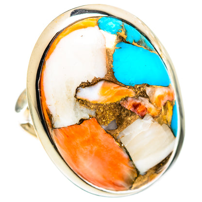 Large oval oyster ring with turquoise, orange, and white inlay on silver band