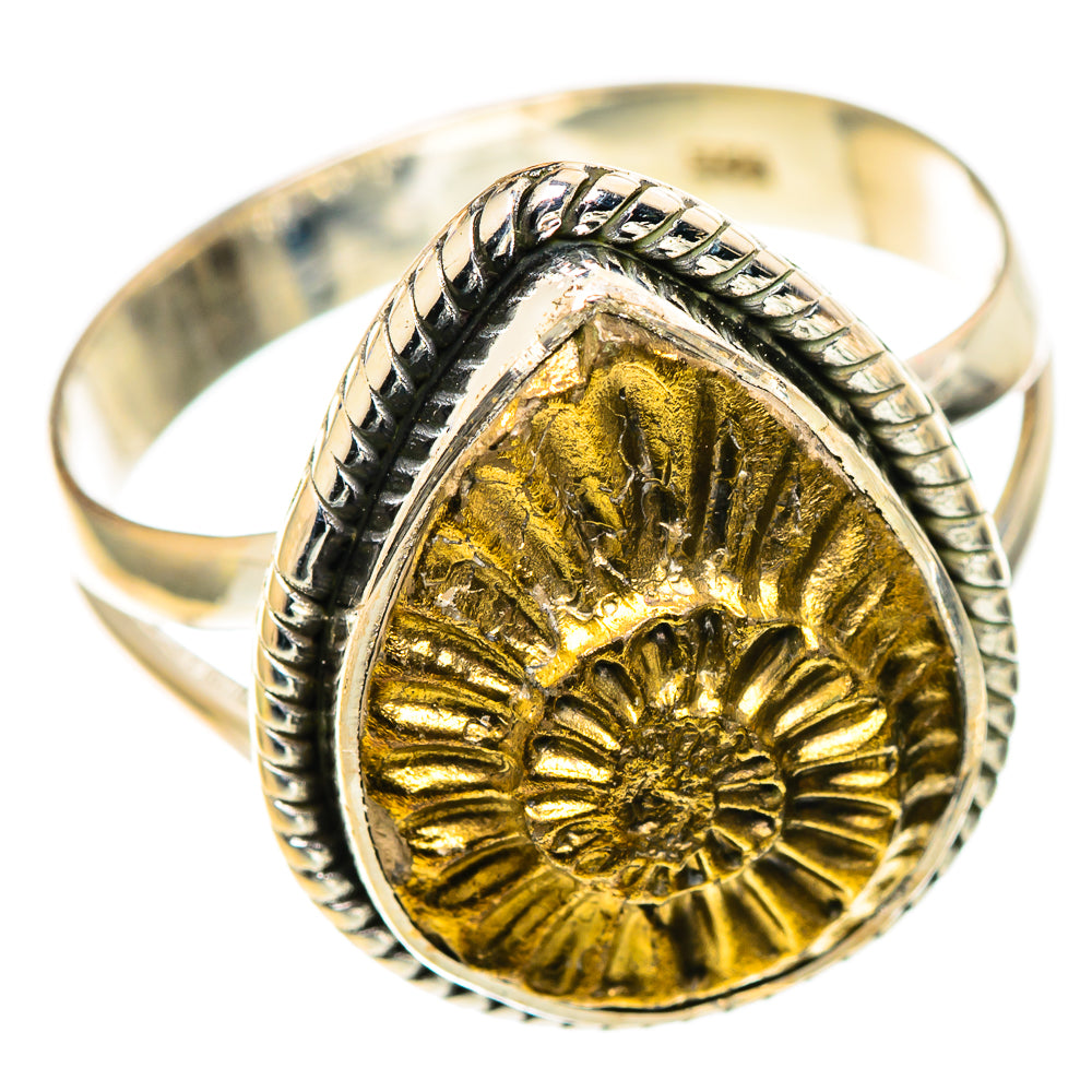 Silver oval pyrite fossil ring with gold-toned ammonite center, rope-textured bezel, band