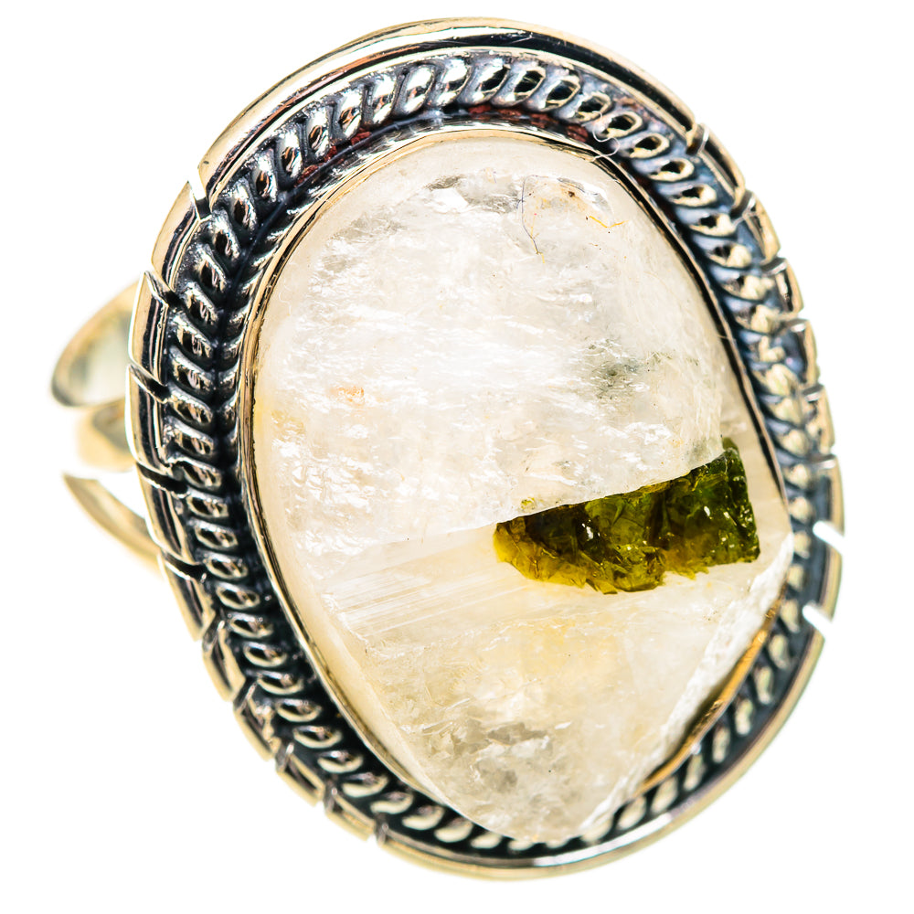 Sterling silver oval quartz tourmaline ring with detailed band and green stone inlay