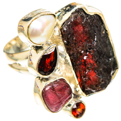Sterling silver ring with rough garnet, cultured pearl, and red gemstones accents