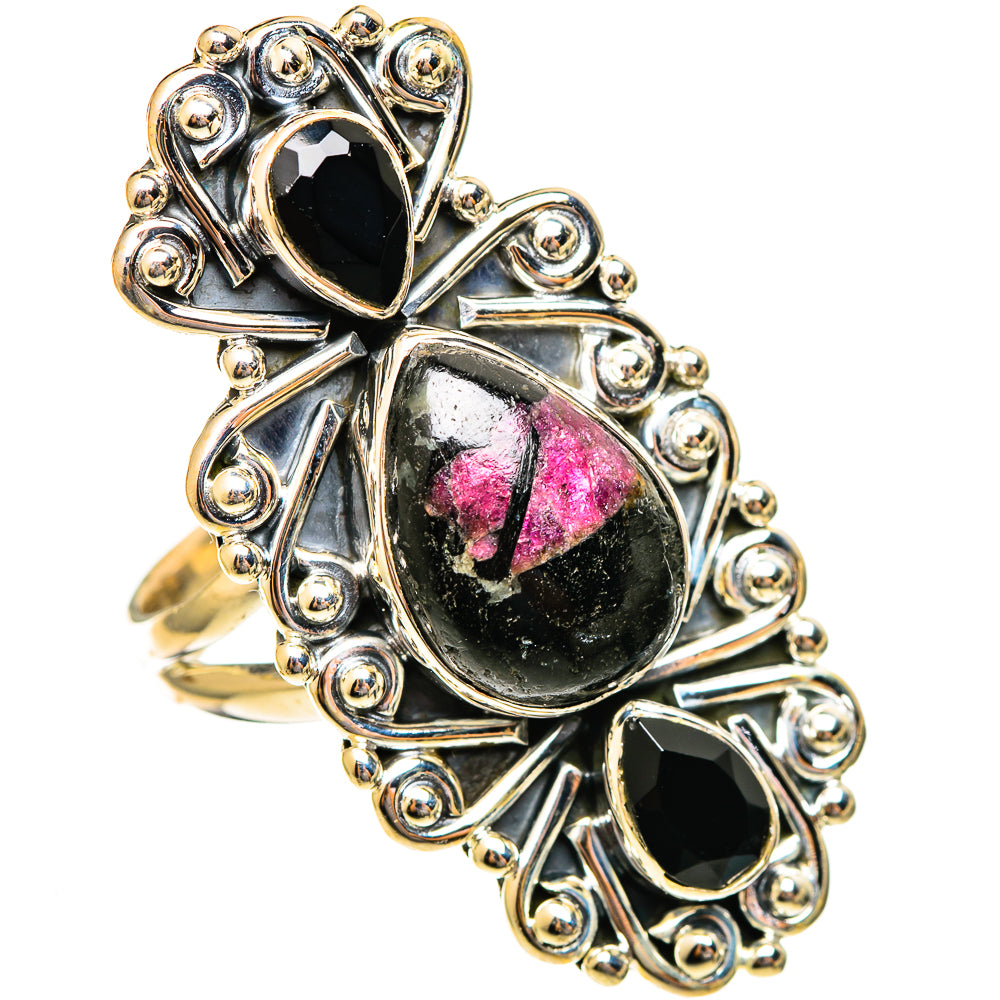 Sterling silver ornate ring with large black oval stone and pink rhodonite center
