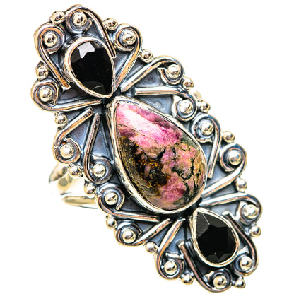 Sterling silver ornate ring with oval rhodonite and two dark onyx stones
