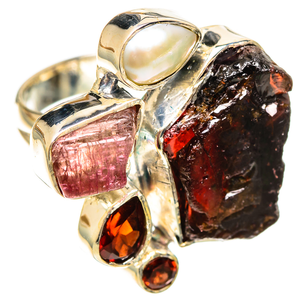 Sterling silver ring with cultured pearl and rough garnet, red and orange accents