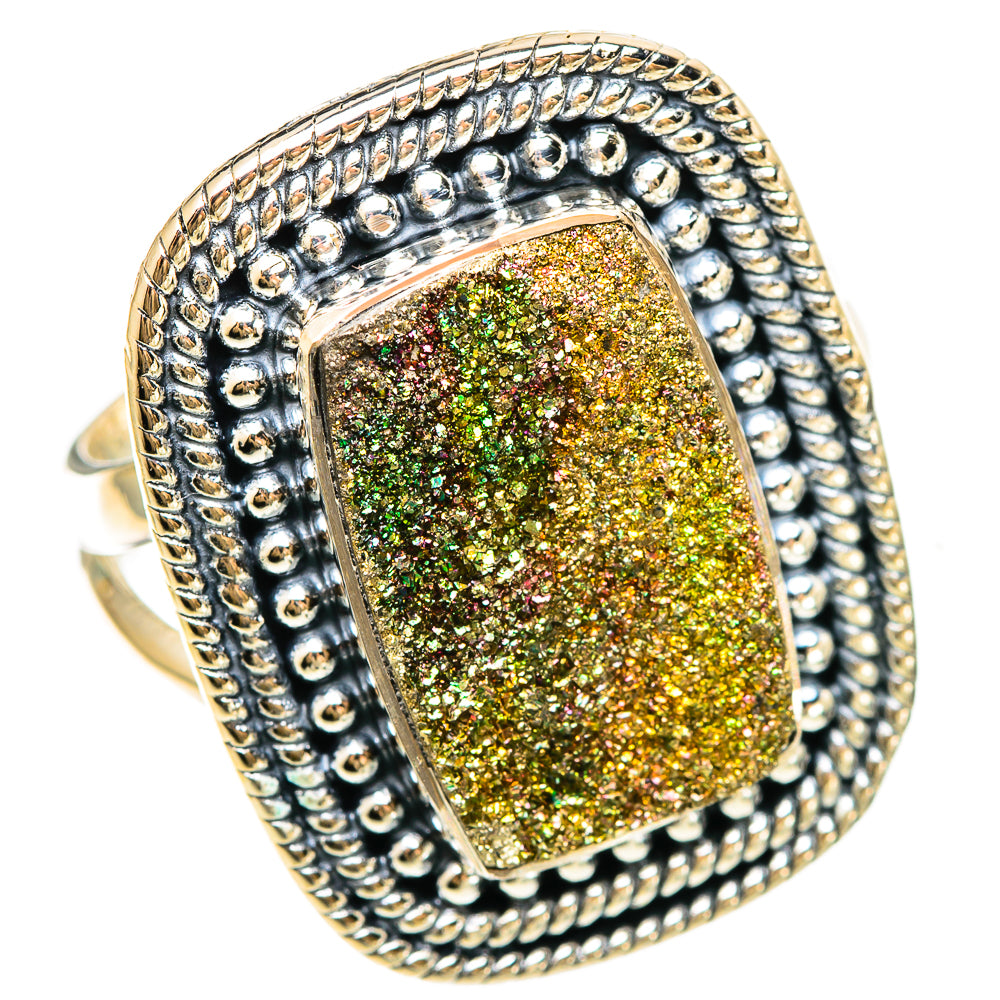 Sterling silver druzy ring featuring a rectangular gold glitter stone and rope bead frame