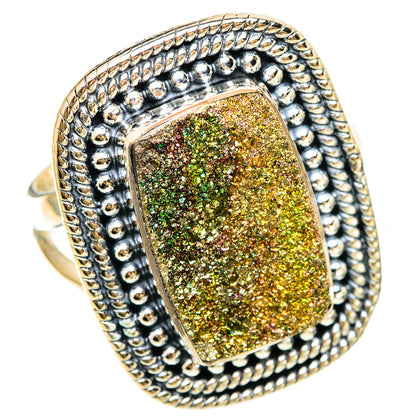 Sterling silver druzy ring featuring a rectangular gold glitter stone and rope bead frame