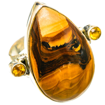 Side view oval picture jasper cabochon ring with yellow citrine detail on silver band