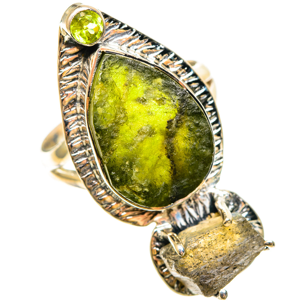 Sterling silver ring with large oval green rough stone and round green gem